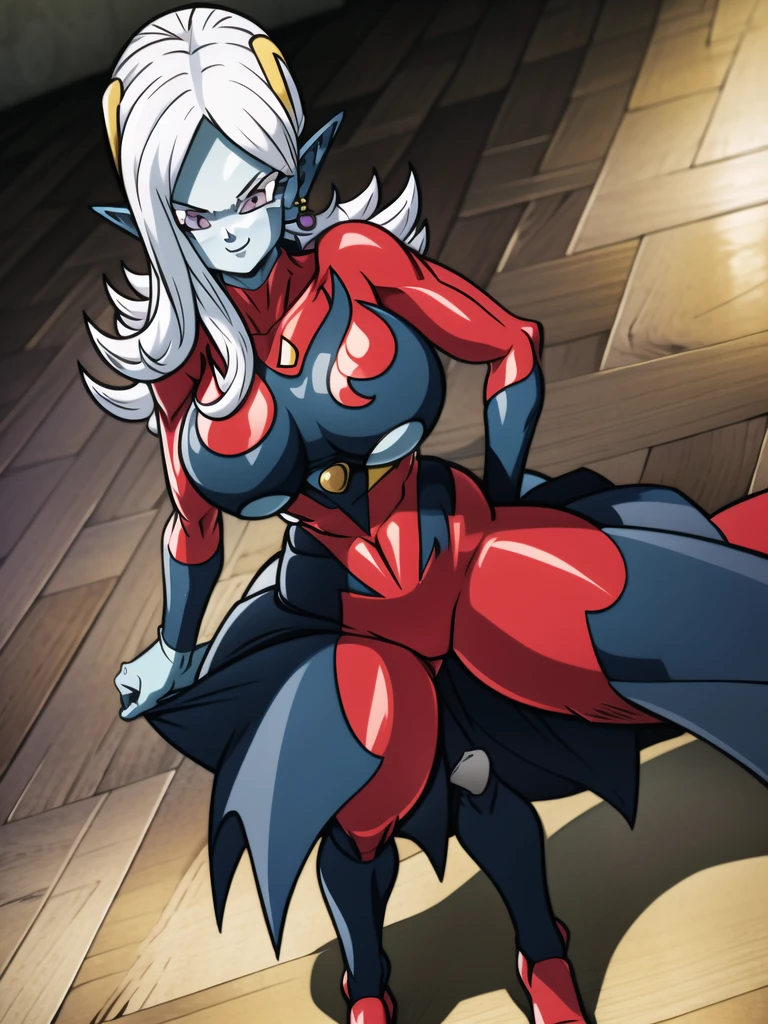 dbsuper style, (extremely detailed CG unity 4k wallpaper),(masterpiece),(ultra quality),(ultra-detailed),(best illustration),(best shadow),(absurdres),(detailed background), Towa, 1girl, solo, pointy ears, colored skin, breasts, blue skin, long hair, bodysuit, large breasts, white hair, earrings, jewelry, underboob, grey eyes, sly smile, purple aura, standing

