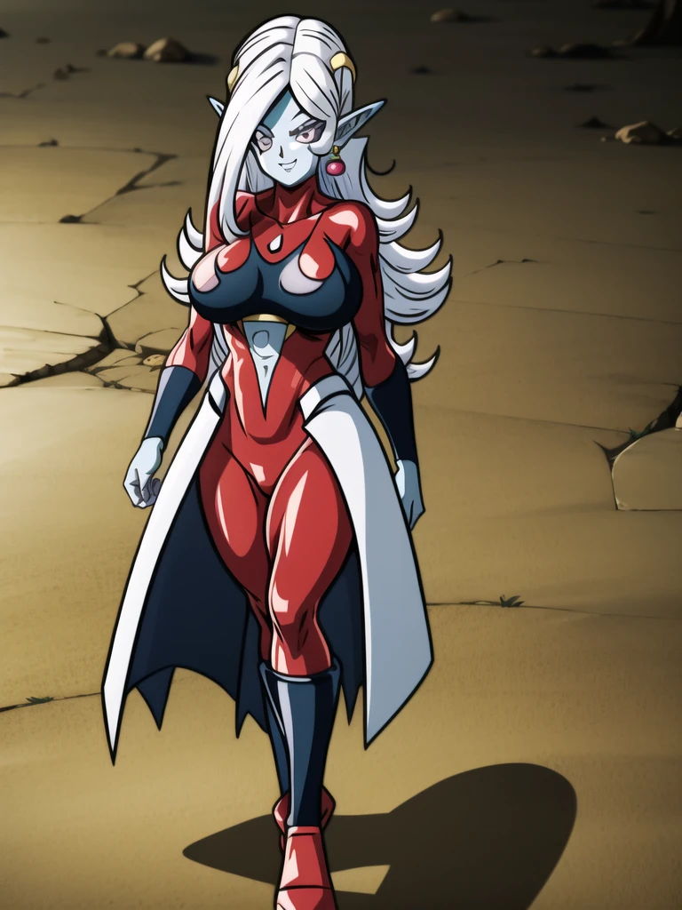 dbsuper style, (extremely detailed CG unity 4k wallpaper),(masterpiece),(ultra quality),(ultra-detailed),(best illustration),(best shadow),(absurdres),(detailed background), Towa, 1girl, solo, pointy ears, colored skin, breasts, blue skin, long hair, bodysuit, large breasts, white hair, earrings, jewelry, underboob, grey eyes, sly smile, purple aura, standing

