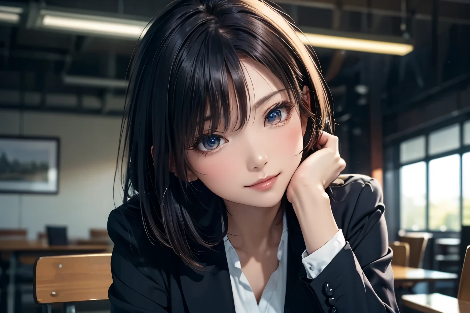 (best quality, masterpiece:1.2), 8K, ultra detailed, beautiful, photorealistic, sunlight, A woman is sitting on the office chair, leaned forward slightly, resting her chest on the table, chin resting on a hand with a sleepy expression, upper body, looking at viewer, (detailed beautiful face and eyes:1.2), shiny skin, straight bob hair, medium breasts, business suit, dress shirt, skirt,