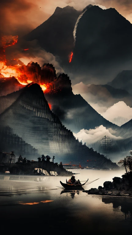 8K,best quality,masterpiece,ultra high res,award winning,raw photo,majestic eruption of merapi mountain,black clouds,flowing magma,swirling dust and debris,ultra detailed,depth of field,dramatic lighting,cinematic composition,epic scale,realistic textures,vivid colors,awe-inspiring