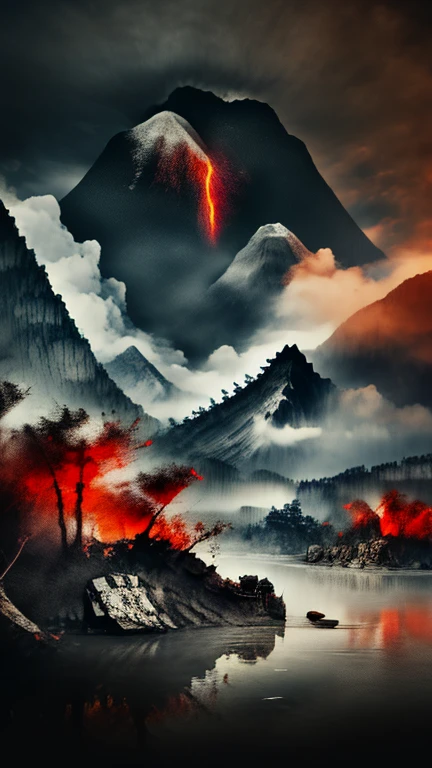 8K,best quality,masterpiece,ultra high res,award winning,raw photo,majestic eruption of merapi mountain,black clouds,flowing magma,swirling dust and debris,ultra detailed,depth of field,dramatic lighting,cinematic composition,epic scale,realistic textures,vivid colors,awe-inspiring