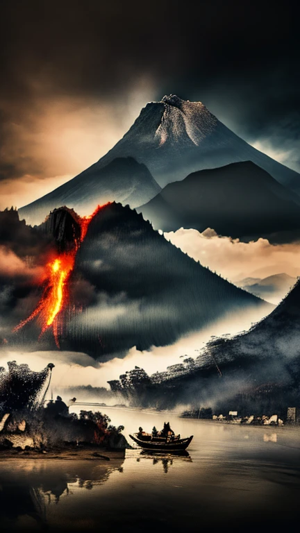 8K,best quality,masterpiece,ultra high res,award winning,raw photo,majestic eruption of merapi mountain,black clouds,flowing magma,swirling dust and debris,ultra detailed,depth of field,dramatic lighting,cinematic composition,epic scale,realistic textures,vivid colors,awe-inspiring