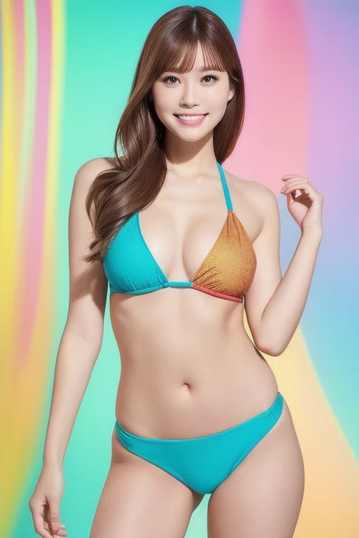 masterpiece,(best quality:1.4),(8k,raw photo,photo realistic:1.2),best quality,high quality, masterpiece,detailed,high resolution,shiny skin,detailed skin,detailed face,detailed eyes,mutated hands and fingers,lightning body,a Swimwear Female japanese 20years-old,have 5 fingers,1girl hight 163-168cm,Full body shot,slim body,small breasts, standing pose,thin eyebrow,Hairlessneseach, navel, smile, looking at viewer, black hair,long hair or medium hair, brown eyes, bangs, toenails, blush, stomach, barefoot, 1girl,completely,female pubic hair,standing in front of a colorful rainbow background fashion stage with some lines,daytime,spotlight body,