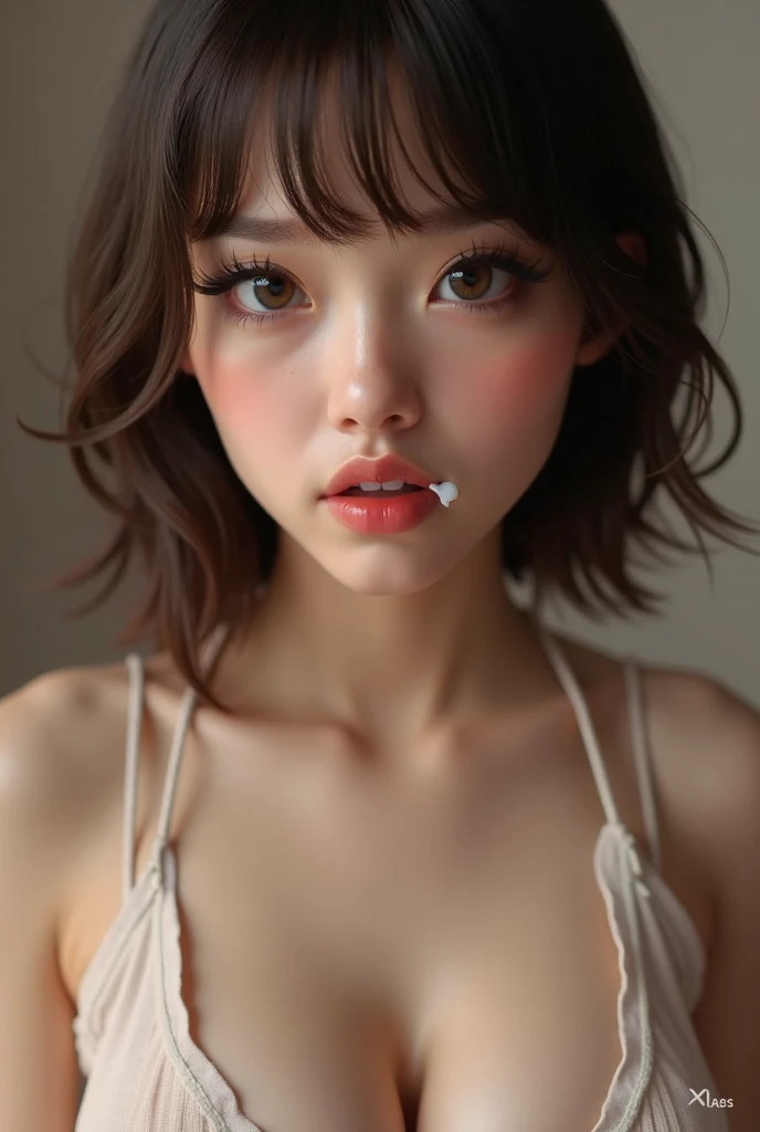 hiding her breasts with her hands、((最好质量)), ((巨作)), (the detail:1.4)、Brown hair、Freckles on the face、small tits、Ruined restroom、Sexy adult woman、A low-angle