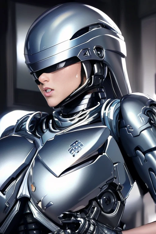  High Quality , (Full picture)  Cool and attractive face , RoboCop Armor ,   RoboCop helmet ,   beautiful sexy young woman , 18 years old,   toned and muscular ,  Cool and charming ,  Sharp Eye,  Big Breasts,   yan, My face is stained with semen,   sensual vibe  