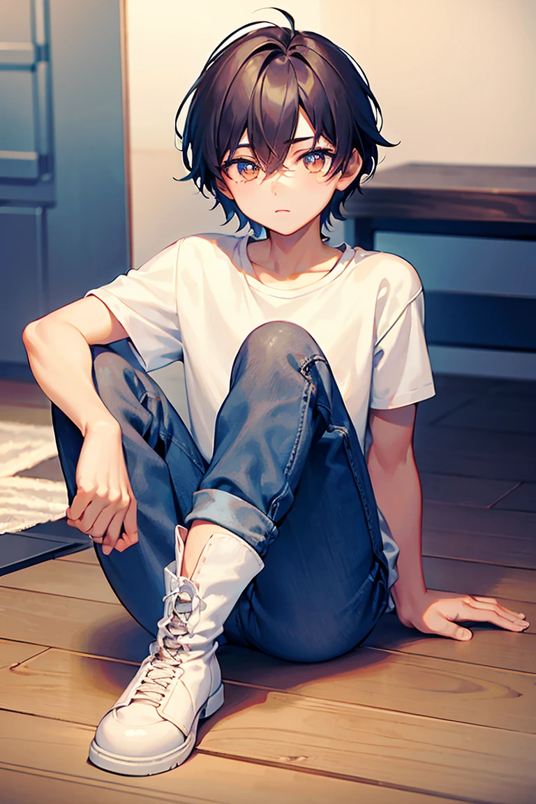best quality, full body, looking at viewer, on the couch, 1 man, chibi, black hair, very short hair, messy hair, clear face, black t-shirt, jacket, jeans, crossed legs, simple background