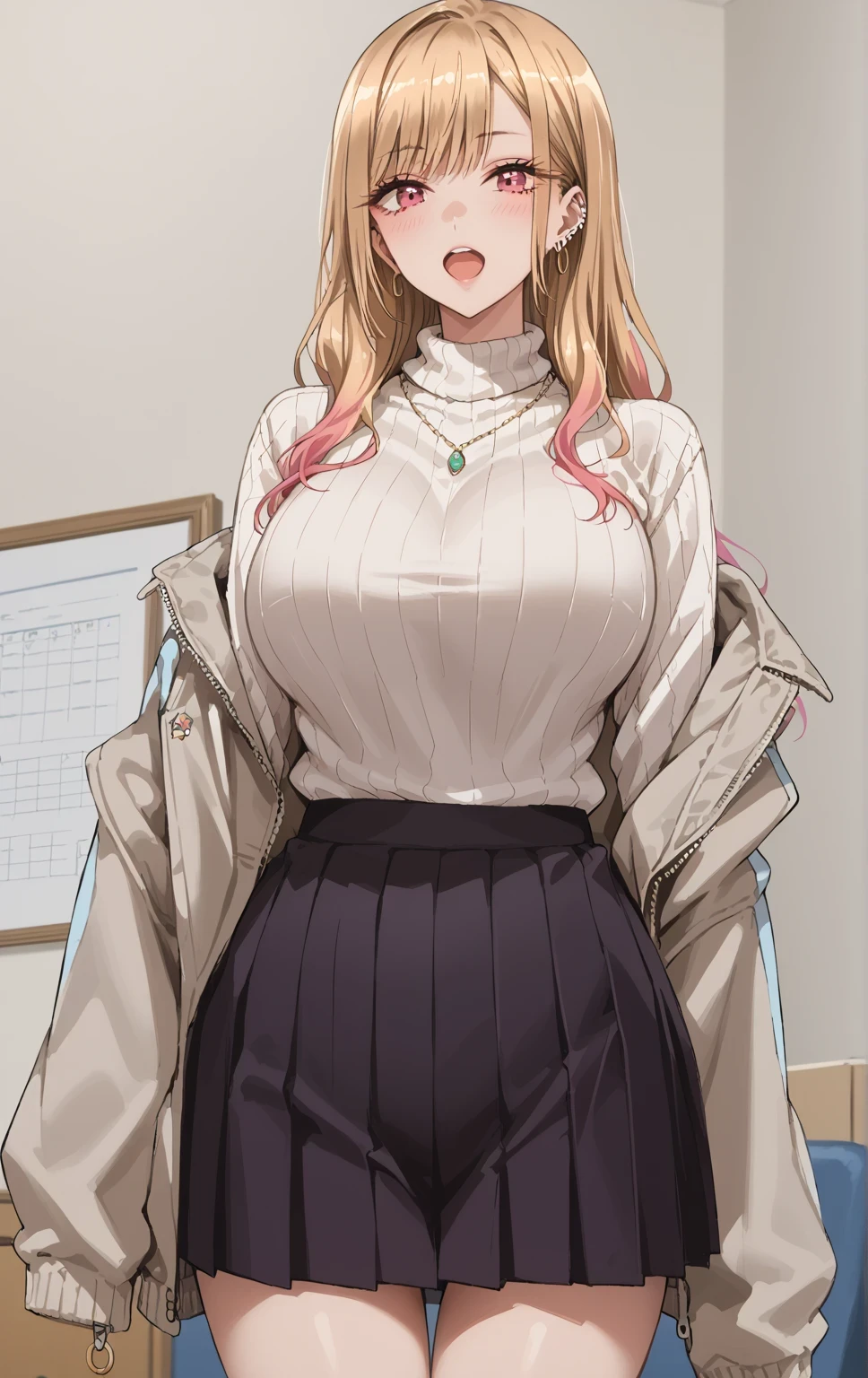 KJOmarin, blonde hair, long hair, pink eyes, earrings, ear piercing, multicolored hair, score_9, score_8_up, score_7_up, source_anime, masterpiece,best quality, huge breasts, flash gyaru, 1girl, solo, skirt, blonde_hair, breasts,, open_mouth, large_breasts, mole, pleated_skirt, black_skirt, turtleneck, sweater, jewelry, bangs, jacket, multicolored_hair, cowboy_shot, earrings, indoors, gradient_hair