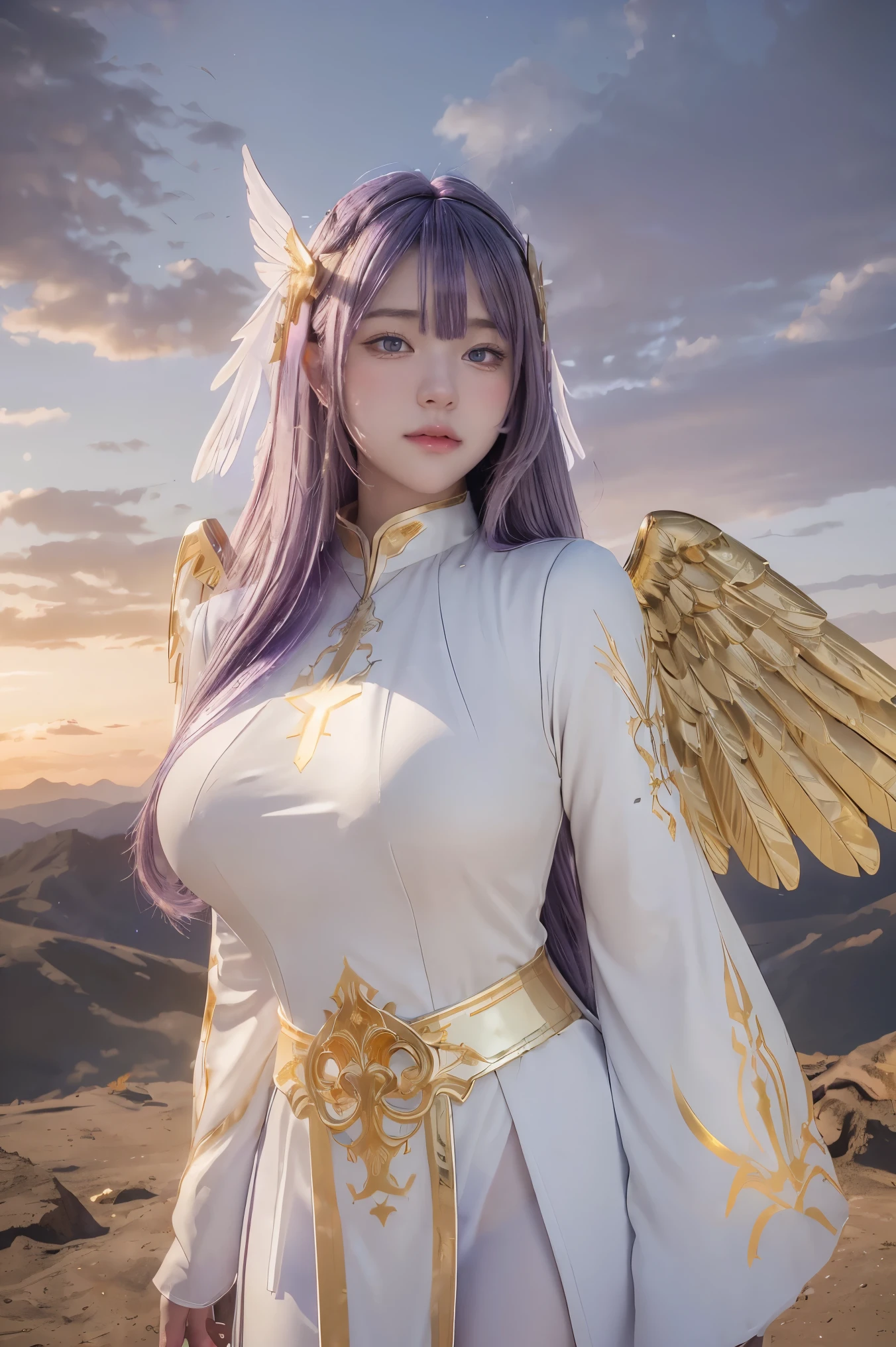 ((masterpiece, best quality, extremely detailed), volumetric lighting, ambient occlusion, colorful, glowing), 
1girl, solo, young girl, (purple hair), long hair, halo, aura, sacred, goddess, cleric suit, (white outfit with gold detailst:1.3), angel wings,
outdoors, sunset, sky, clouds, space, (fantasy theme:1.2),