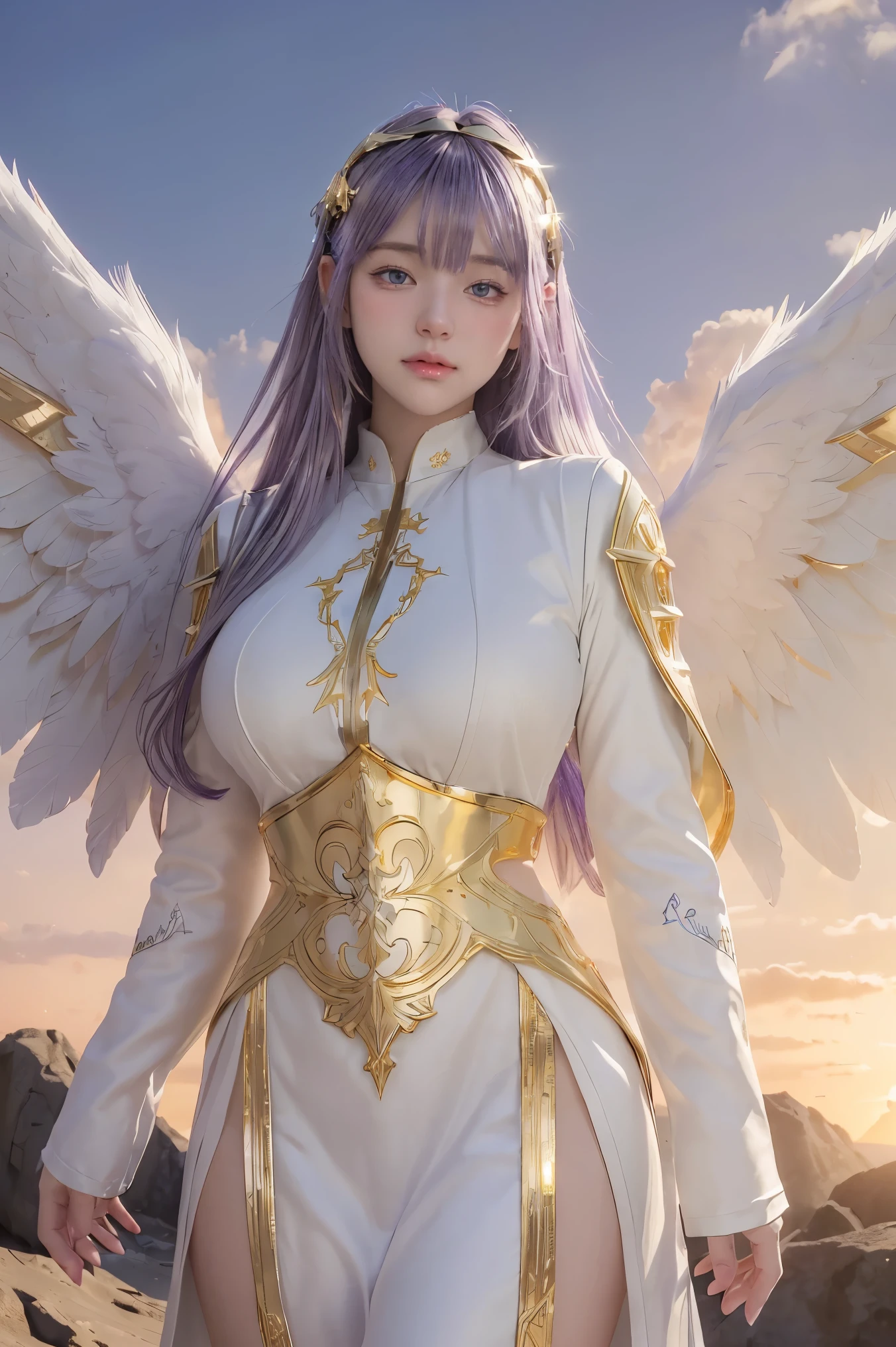 ((masterpiece, best quality, extremely detailed), volumetric lighting, ambient occlusion, colorful, glowing), 
1girl, solo, young girl, (purple hair), long hair, halo, aura, sacred, goddess, cleric suit, (white outfit with gold detailst:1.3), angel wings,
outdoors, sunset, sky, clouds, space, (fantasy theme:1.2),