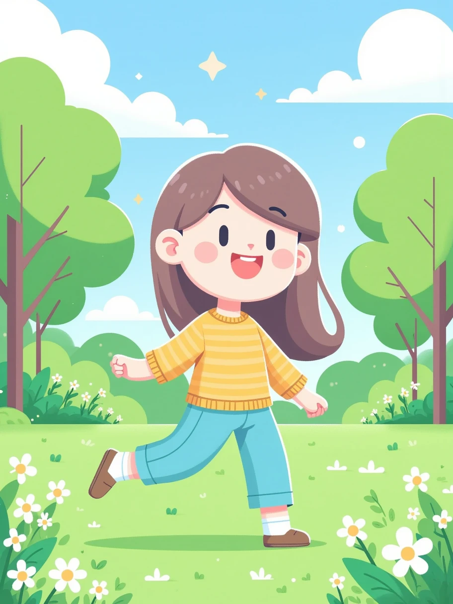 (Flat, UI vector style), 1girl, sketch in green park, rosy cheeks, bright smile, wearing casual, comfortable clothes, park, grass, blue sky, green trees, blooming flowers, Bright colors, cheerful atmosphere, (Simple illustration), (smooth lines), (UI vector style)，(flat illustration), (anatomically correct)