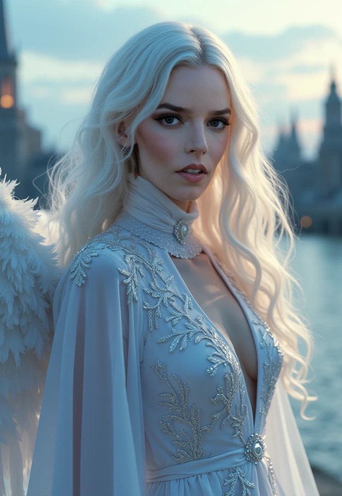 masterpiece, top quality, (One focus), (perfect face:1.1), (high detail:1.1),dramatic, (an alluring albino with long flowing pure white hair and piercing белые глаза),1 girl, (pale skin), long hair, Blue eyes, One, long hair, moon, night, white luxury leather, Coated navel, Plump lips, Coated, futuristic city, detailed background, Cinematic lighting by artgerm, roses and grapes, fashion, BalenciagaBikini Style