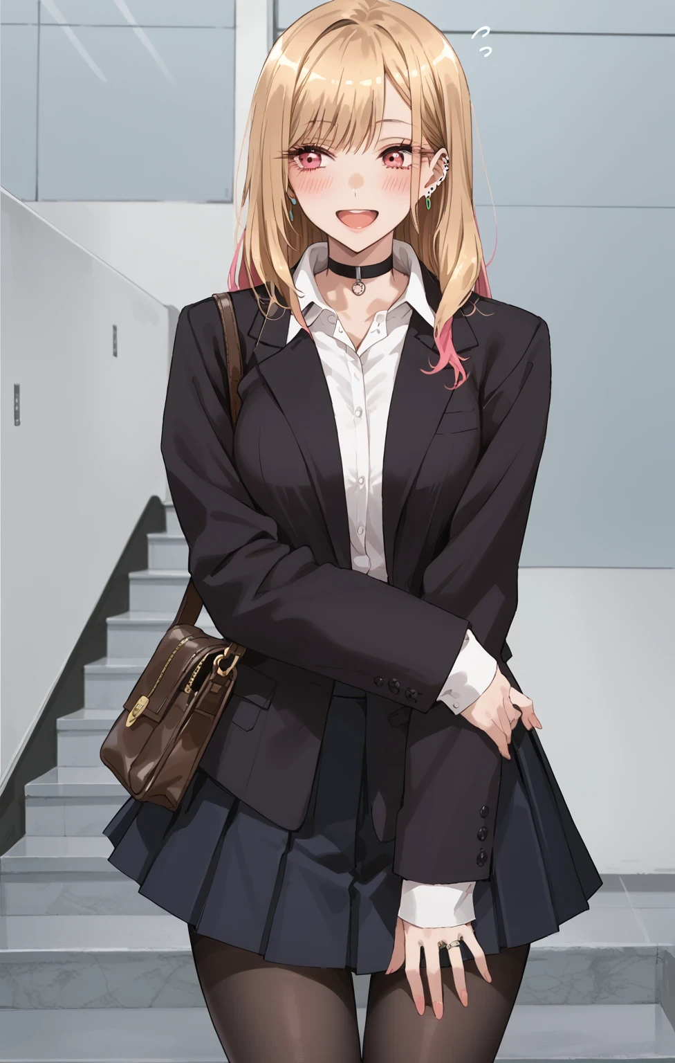 KJOmarin, blonde hair, long hair, pink eyes, earrings, ear piercing, multicolored hair, score_9, score_8_up, score_7_up, source_anime, masterpiece,best quality, huge breasts, flash gyaru,, blonde_hair, pantyhose, male_focus, solo, skirt, otoko_no_ko, choker, mole, crossdressing, bag, shirt, jacket, pleated_skirt, black_choker, white_shirt, black_skirt, black_jacket, open_mouth, blush, flying_sweatdrops, black_pantyhose, jewelry, looking_to_the_side, bangs, collared_shirt, multicolored_hair, long_sleeves, earrings, handbag, school_uniform, stairs, smile