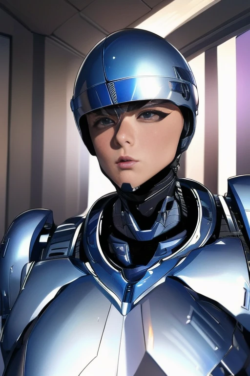 Robot Cop Armor, 
Robot Cop Helmet, 
Beautiful, Sexy, Young Woman, 18 years old, 
Toned and muscular, 
Cool and charming, 
Sharp eyes, 
Large breasts, 
Handsome and fashionable young man's penis to be licked by Robot Cop, 
Sensual atmosphere.