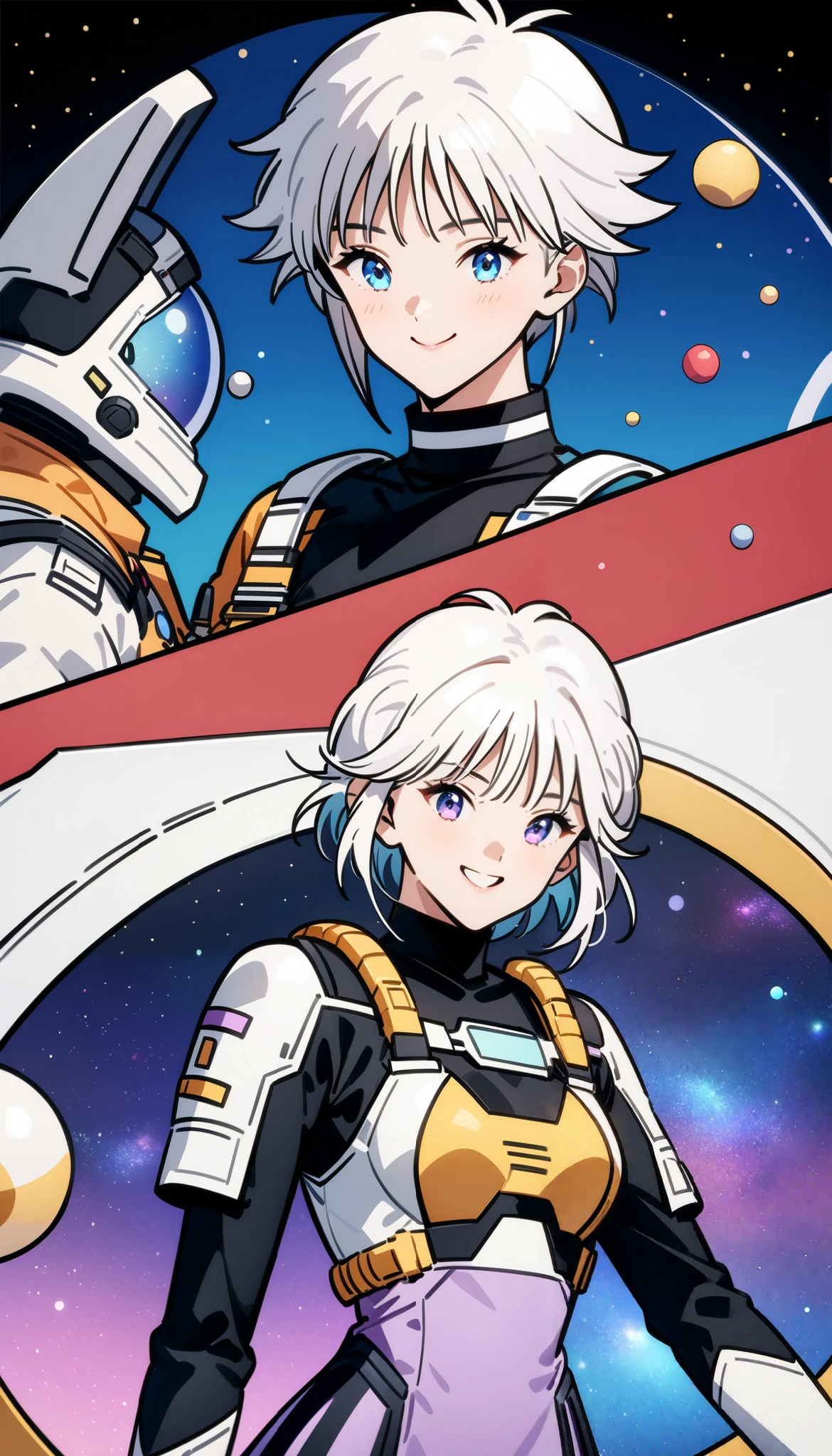 ( top quality、 high definition 、 Details)、(輝く瞳、 Details美しい顔)、Beautiful short hair anime girl, ,(universe飛行士), (universe服ヘルメット:1.3)、Extravehicular Activity Unit、universe服を着た more beautiful than Kira, universe, White-haired God, Exquisite Details.universe飛行, Anime 4k 、 dynamic angle、 more beautiful than Kira、universe旅行、smile、Look at me、piece、