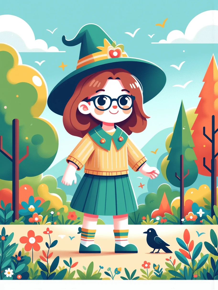 (Flat, UI vector style), 1girl,  Teenage witch ，Reddish-brown curls，Wearing glasses， decorated with forest colors ， has a familiar crow on her side ， The background is set in a whimsical magical forest， style vibrant fantasy style ，Beautiful digital painting， has detailed textures and vivid colors ，Fantasy genre , (Simple illustration), (smooth lines), (UI vector style)，(flat illustration), (anatomically correct)