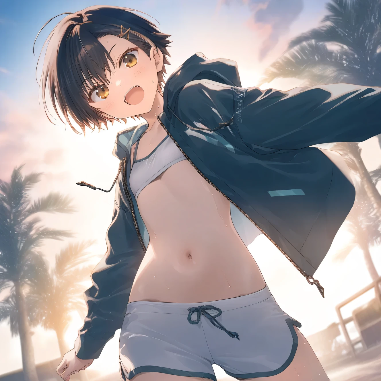 1girl, female, tomboy, flat chest, sweat, shorts,beautiful detailed eyes,open mouth, outdoors,wind, game CG, break,(artist:mitsumi_misato),artist:fujiyama,artist:aquaplus, break,(masterpiece), (best quality), (ultra-detailed),(Detailed Lighting), very aesthetic, newest, beauty illustration,super detailed skin, (masterpiece), (best quality), (ultra-detailed), very aesthetic lighting,newest ,hi res,absurd_res,shiny skin,2023, shaded,digital media (artwork), realistic lighting, 16k, 8k,highres, source_anime, official_art, photoshop_(medium)