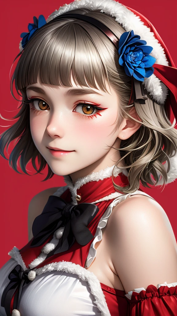 (((solo))), 1 woman, Sakuya Kurobane, sakuyaunif, kurobane_sakuya, (brown eyes), short hair, grey hair, black hairband, blue hair flower, red eyeliner, chest, blush, smile, (upper body), santa claus