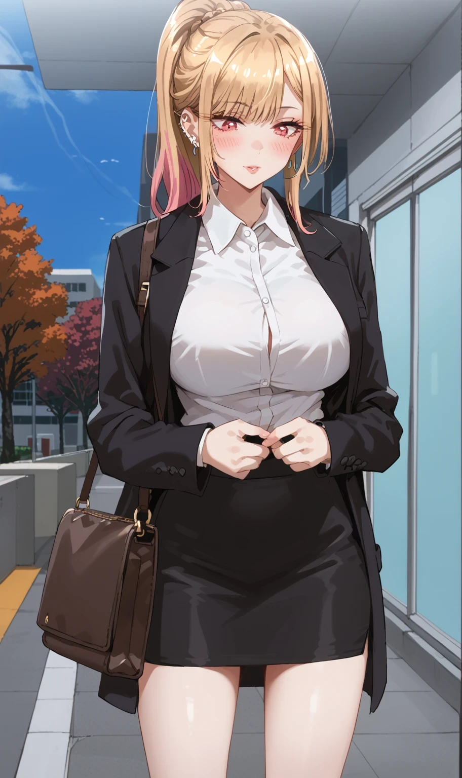 KJOmarin, blonde hair, long hair, pink eyes, earrings, ear piercing, multicolored hair, score_9, score_8_up, score_7_up, source_anime, masterpiece,best quality, huge breasts, flash gyaru,1girl, skirt, blush, solo, blonde_hair, mole_under_mouth, office_lady, shirt, breasts, pencil_skirt, bag, black_skirt, white_shirt, jacket, ponytail, mole, large_breasts, black_jacket, handbag, collared_shirt, outdoors, looking_down, tree, bangs, standing