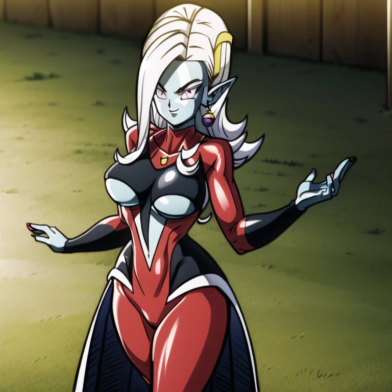 dbsuper style, (extremely detailed CG unity 4k wallpaper),(masterpiece),(ultra quality),(ultra-detailed),(best illustration),(best shadow),(absurdres),(detailed background), Towa, 1girl, solo, pointy ears, colored skin, breasts, blue skin, long hair, bodysuit, large breasts, white hair, earrings, jewelry, underboob, grey eyes, sly smile, purple aura, standing

