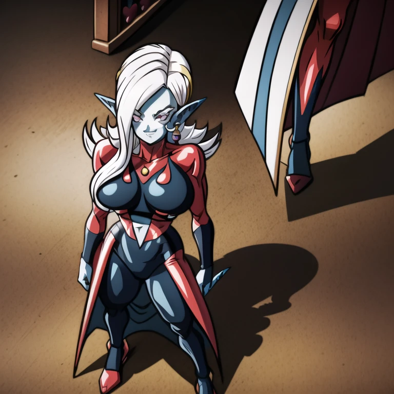 dbsuper style, (extremely detailed CG unity 4k wallpaper),(masterpiece),(ultra quality),(ultra-detailed),(best illustration),(best shadow),(absurdres),(detailed background), Towa, 1girl, solo, pointy ears, colored skin, breasts, blue skin, long hair, bodysuit, large breasts, white hair, earrings, jewelry, underboob, grey eyes, sly smile, purple aura, standing

