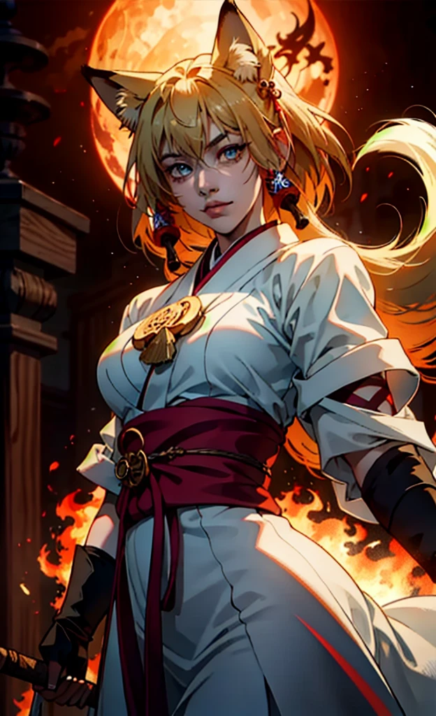 The character portrayed has an aesthetic marked by elements inspired by mythology and Asian culture. She has some distinct features:
1. clothing: Wears a white outfit that appears to be a kimono or traditional garment, with a neckline that shows an intricate design below, suggesting a mixture of styles.
2. hair: Her hair is long and white, with a soft texture , creating a contrast with her skin.
3. eyes: Her eyes are an intense yellow tone, which gives the character a and enigmatic look.
4. decoration: In the head, there are decorative elements that resemble fox masks or heads, which may be related to Japanese folklore, especially to the yokai, which is often represented by foxes.
5. tattoos: The character has elaborate tattoos on the and shoulders, which display a tribal aesthetic and mythological creatures. A demonic face is a central part of this body art, possibly symbolizing strength or protection.
6. Hands and props: Her arms feature stylized red hands in the tattoos, and there are references to blades or sharp objects, which may suggest a role as a warrior or protector.
The combination of these features conveys a sense of power, mystery and connection to ancestral traditions. This character could represent a guardian spirit or a deity in a fantasy world.