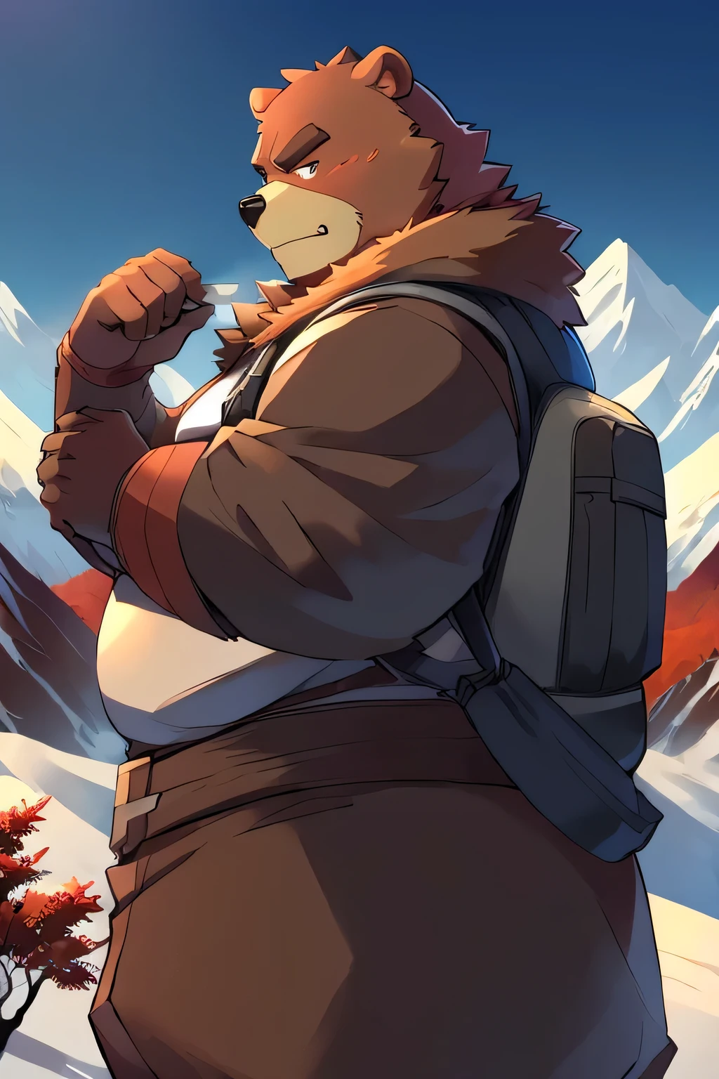 （（obesity、 Being overweight 、overweight face  、 He was wearing glasses.、  Dark Brown Fur））（The Bear Beast Man )(VAGABOND、Traveler、Mountain Climber、 Big Backpack、Down coat、Mountaineering Attire ）( Beautiful Mountain Scenery 、 mountains with red leaves)( seen from afar)