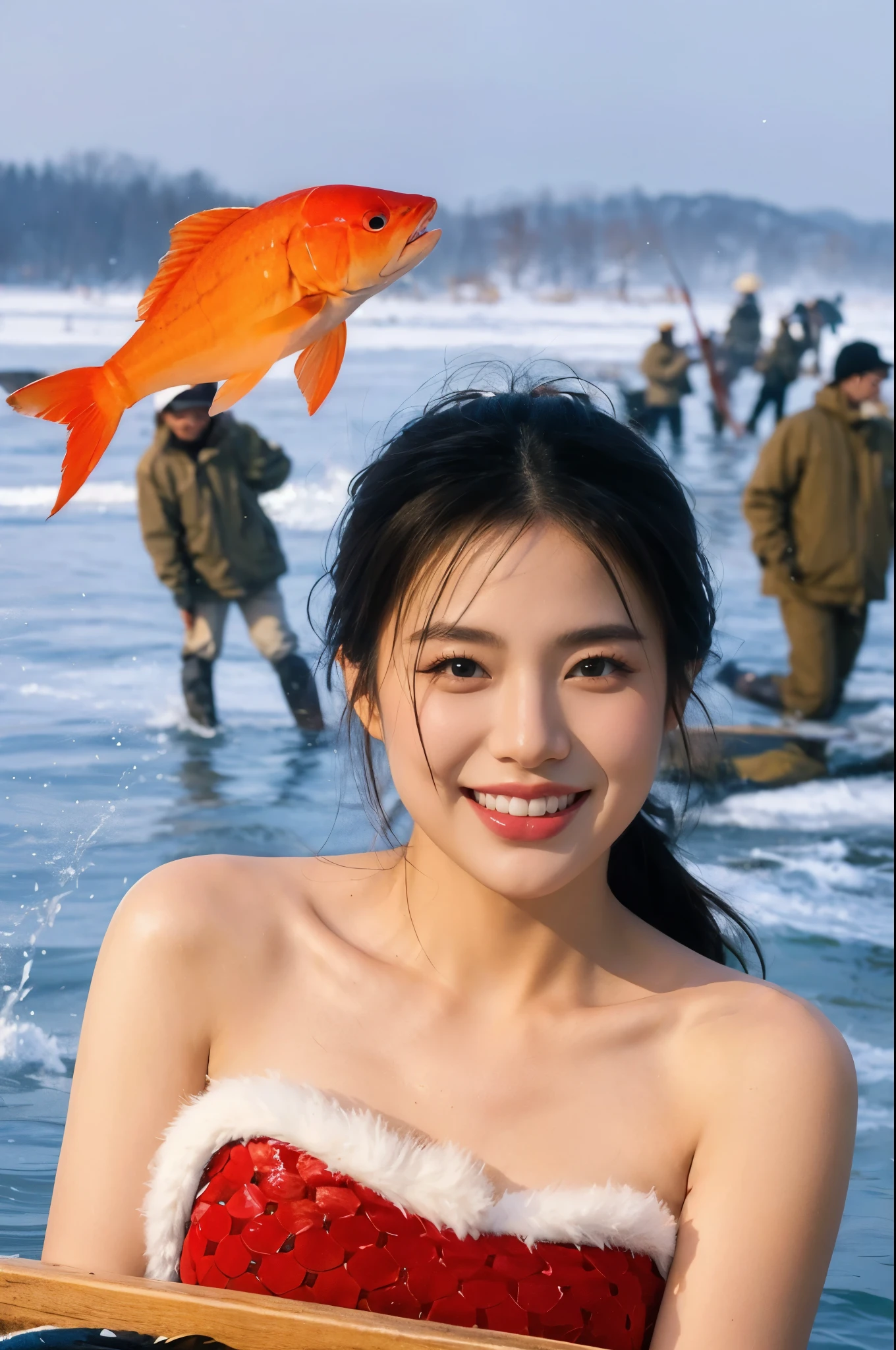 (((best quality))),(((super detailed))),(((masterpiece))),illustration,1 girl,detailed face,short ponytail,smile,flying fish,