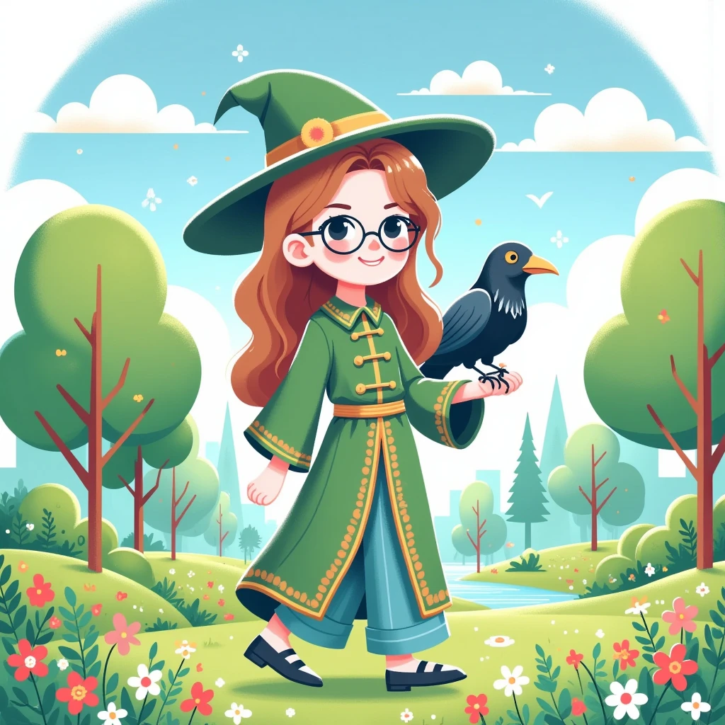 (Flat, UI vector style), 1girl,  Teenage witch ，Reddish-brown curls，Wearing glasses， decorated with forest colors ， has a familiar crow on her side ， The background is set in a whimsical magical forest， style vibrant fantasy style ，Beautiful digital painting， has detailed textures and vivid colors ，Fantasy genre , (Simple illustration), (smooth lines), (UI vector style)，(flat illustration), (anatomically correct)