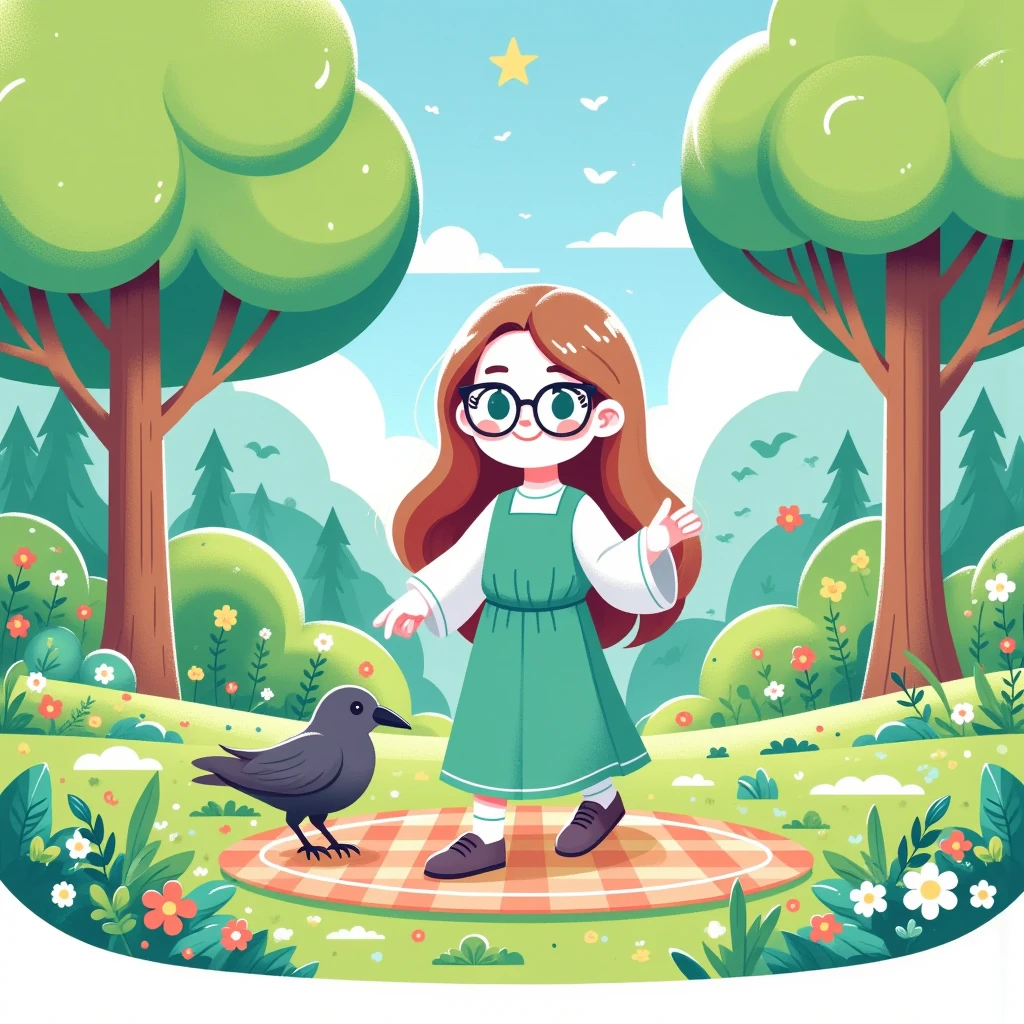 (Flat, UI vector style), 1girl,  Teenage witch ，Reddish-brown curls，Wearing glasses， decorated with forest colors ， has a familiar crow on her side ， The background is set in a whimsical magical forest， style vibrant fantasy style ，Beautiful digital painting， has detailed textures and vivid colors ，Fantasy genre , (Simple illustration), (smooth lines), (UI vector style)，(flat illustration), (anatomically correct)