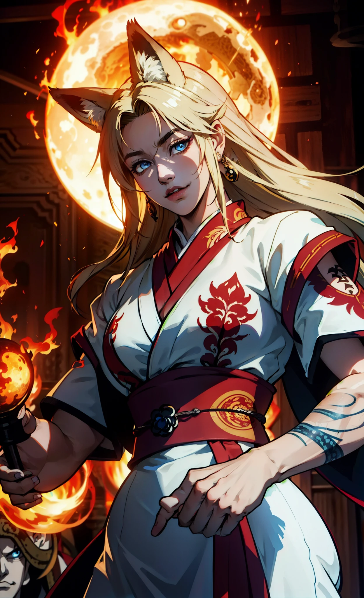 The character portrayed has an aesthetic marked by elements inspired by mythology and Asian culture. She has some distinct features:
1. **clothing**: Wears a white outfit that appears to be a kimono or traditional garment, with a neckline that shows an intricate design below, suggesting a mixture of styles.
2. **hair**: Her hair is long and white, with a soft texture , creating a contrast with her skin.
3. **eyes**: Her eyes are an intense yellow tone, which gives the character a penetrating and enigmatic look.
4. **decoration**: In the head, there are decorative elements that resemble fox masks or heads, which may be related to Japanese folklore, especially to the yokai, which is often represented by foxes.
5. **tattoos**: The character has elaborate tattoos on the chest and shoulders, which display a tribal aesthetic and mythological creatures. A demonic face is a central part of this body art, possibly symbolizing strength or protection.
6. **Hands and props**: Her arms feature stylized red hands in the tattoos, and there are references to blades or sharp objects, which may suggest a role as a warrior or protector.
The combination of these features conveys a sense of power, mystery and connection to ancestral traditions. This character could represent a guardian spirit or a deity in a fantasy world.
