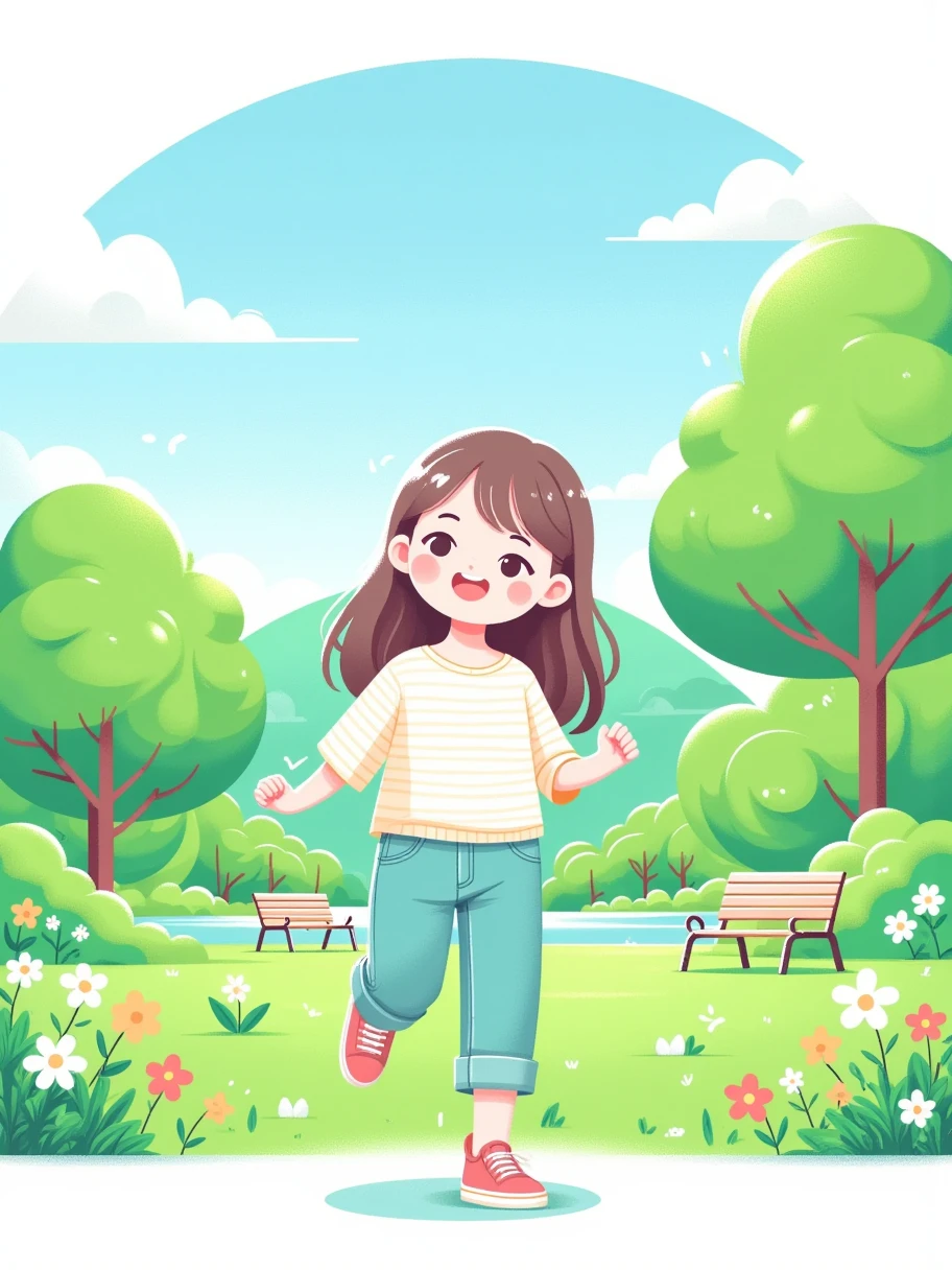 (Flat, UI vector style), 1girl, sketch in green park, rosy cheeks, bright smile, wearing casual, comfortable clothes, park, grass, blue sky, green trees, blooming flowers, Bright colors, cheerful atmosphere, (Simple illustration), (smooth lines), (UI vector style)，(flat illustration), (anatomically correct)