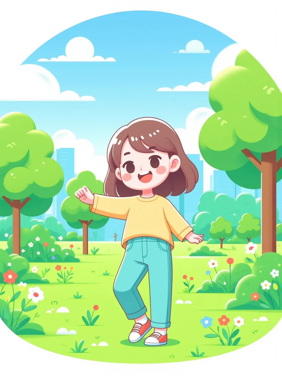 (Flat, UI vector style), 1girl, sketch in green park, rosy cheeks, bright smile, wearing casual, comfortable clothes, park, grass, blue sky, green trees, blooming flowers, Bright colors, cheerful atmosphere, (Simple illustration), (smooth lines), (UI vector style)，(flat illustration), (anatomically correct)