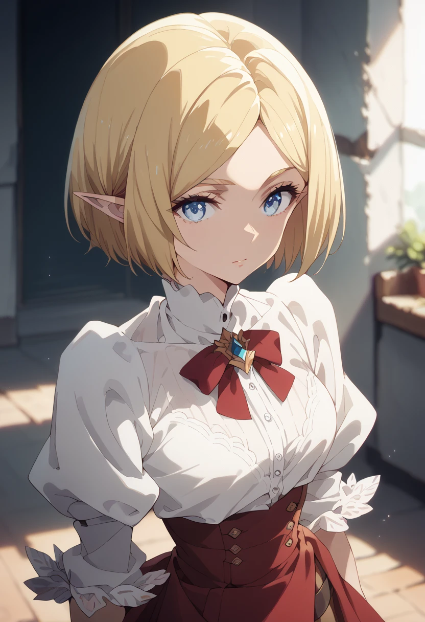 masterpiece, high definition , top quality,8k
(Young,cute ELF,small)
(Blonde,bob cut,parted bang,blue eyes)
( white blouse, brown gored skirt)