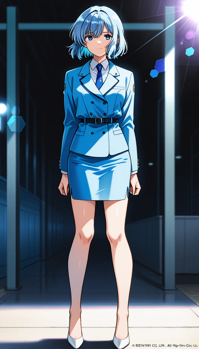 Blue Hair、 short hair、bangs、悲しface、黄colorの瞳、 full body style that reflects your whole body、Normal milk、 narrow waist 、Bare legs、 in a suit、 blue jacket , collared shirt 、 white shirt、 blue tie,belt, blue mini pencil skirt, black tights、White pumps、 official art, Extremely Detailed CG Unity 8K Wallpaper , Full Photo, colorful , bright _ Front_face_光ing,  shiny skin, ( masterpiece:1.0),(Highest_quality:1.0), 超 high definition ,4K, super detailed photo shoot, 8k,  high definition ,  high definition ,  absurd :1.2,  Kodak Portra 400,  film grain ,  blurry background, Bokeh:1.2,  lens flare, ( vibrant_ color:1.2),Professional photography,Anime Images、