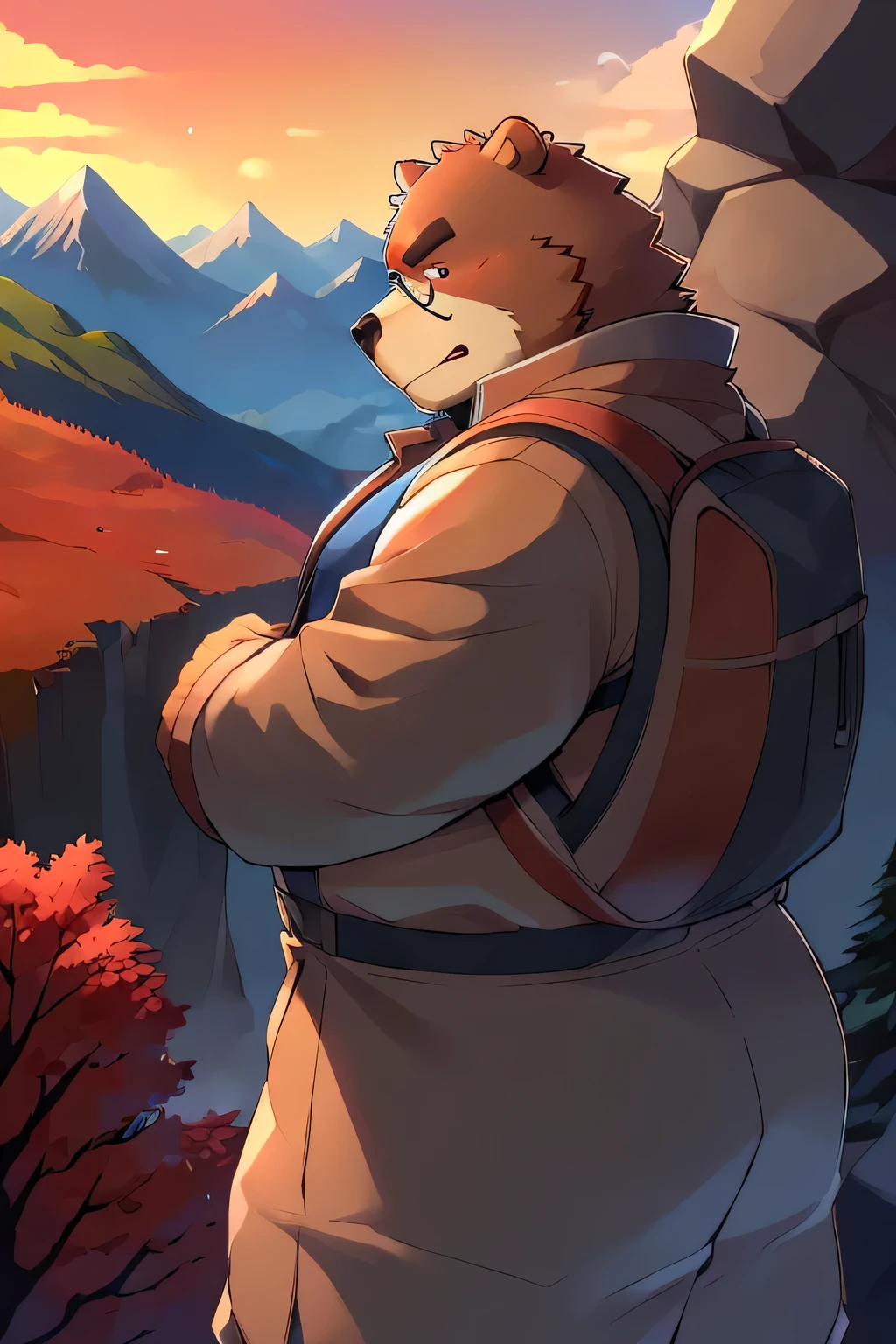 （（obesity、 Being overweight 、overweight face  、 He was wearing glasses.、  Dark Brown Fur））（The Bear Beast Man )(VAGABOND、Traveler、Mountain Climber、 Big Backpack、Down coat、Mountaineering Attire ）( Beautiful Mountain Scenery 、 mountains with red leaves、Scenery is the main 、 protagonist is small)( seen from afar)