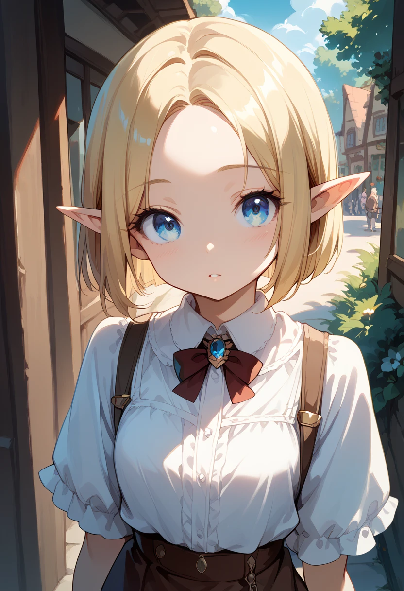 masterpiece, high definition , top quality,8k
(Young,cute ELF,small)
(Blonde,bob cut,parted bang,blue eyes)
( white blouse, brown gored skirt)