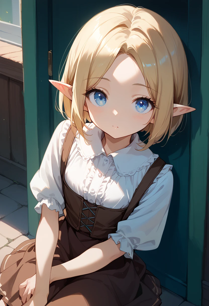 masterpiece, high definition , top quality,8k
(Young,cute ELF,small)
(Blonde,bob cut,parted bang,blue eyes)
( white blouse, brown gored skirt)