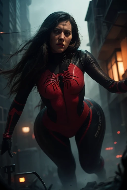 a beautiful spiderwoman with long hair and detailed eyes, wearing a tight bodysuit, riding a giant spider, superhero, dark dystopian city background, cinematic lighting, dramatic composition, moody color palette, high detail, photorealistic, 8k