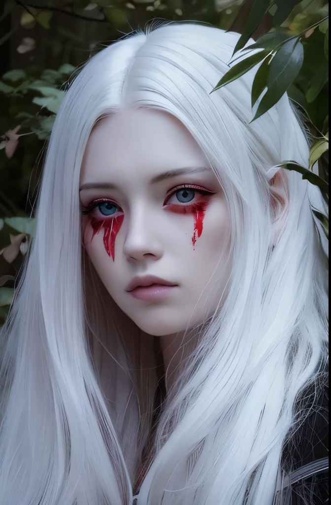 beautiful detailed eyes, beautiful detailed lips, extremely detailed eyes and face, long eyelashes, 1 girl, blood, solo, breasts, blood on face, jewelry, red eyes, cleavage, medium breasts, necklace, lips, blood splatter, realistic, upper body, petals, long hair, red lips, blood on clothes, white hair, rose petals, (best quality,4k,8k,highres,masterpiece:1.2),ultra-detailed,(realistic,photorealistic,photo-realistic:1.37),vivid colors,portrait,horror,dark fantasy