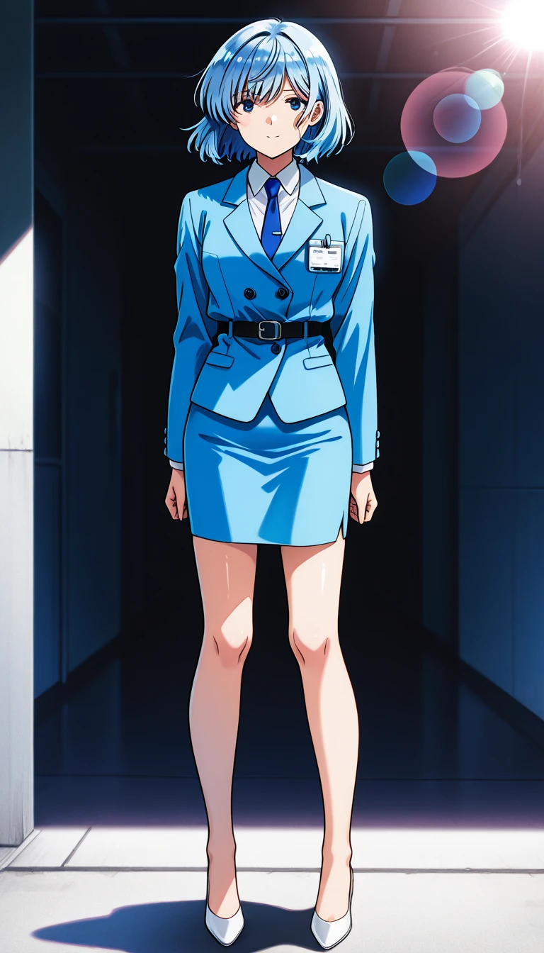 Blue Hair、 short hair、bangs、悲しface、黄colorの瞳、 full body style that reflects your whole body、Normal milk、 narrow waist 、Bare legs、 in a suit、 blue jacket , collared shirt 、 white shirt、 blue tie,belt, blue mini pencil skirt, black tights、White pumps、 official art, Extremely Detailed CG Unity 8K Wallpaper , Full Photo, colorful , bright _ Front_face_光ing,  shiny skin, ( masterpiece:1.0),(Highest_quality:1.0), 超 high definition ,4K, super detailed photo shoot, 8k,  high definition ,  high definition ,  absurd :1.2,  Kodak Portra 400,  film grain ,  blurry background, Bokeh:1.2,  lens flare, ( vibrant_ color:1.2),Professional photography,Anime Images、