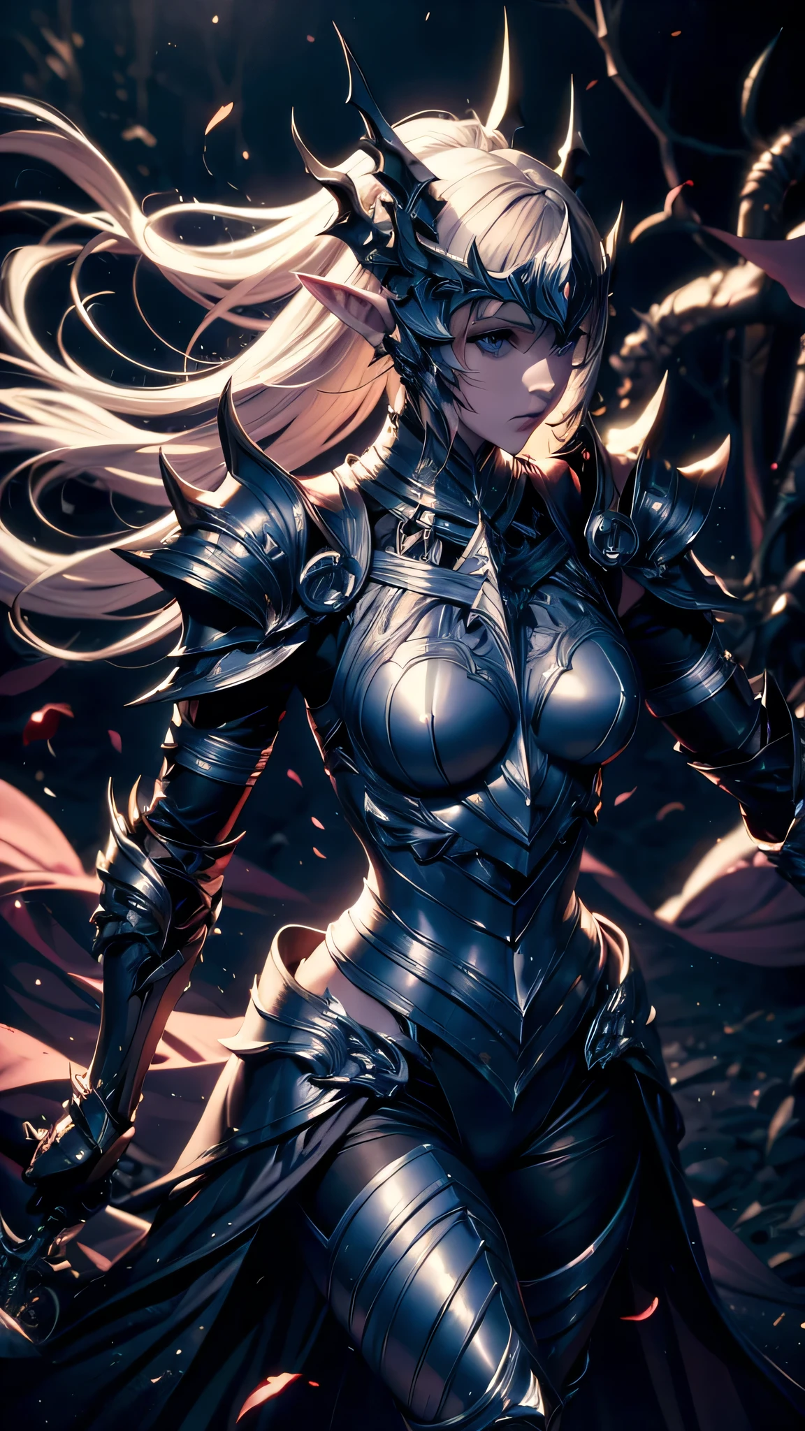 woman, fantasy metal armor, pale skin, pointy ears, fight pose, black theme, rapier, battlefield backgrounds, hips up,