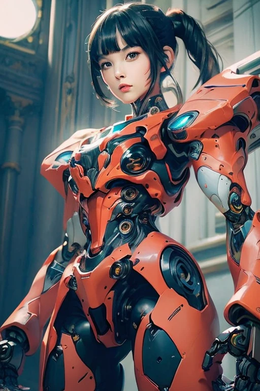 Cyberpunk, futuristic, mechanical aesthetics, ((red and white cyborg body: 1.8)), (flat-chested: 1.2), Iron Man,