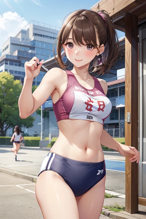 (Original Character、Unity 16K Wallpaper, Masterpiece, Best Quality, Ultra-Detailed, Extremely Detailed CG, Caustics, Cinematic Lighting, Detailed, Beautiful Detailed Eyes, solo), Ultra High Resolution, fine skin, (track and field:1.2) 、(strong light)、oily skin,smile , from front:1.2、(sexy women)、Arena、full body shot、separate、racing bloomers、show off belly,show off neck,sunny day、cowboy shot,brown hair、sit on the bench,open legs,layered hair,blush