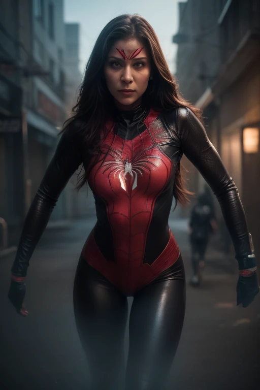 a beautiful spiderwoman with long hair and detailed eyes, wearing a tight bodysuit, riding a giant spider, superhero, dark dystopian city background, cinematic lighting, dramatic composition, moody color palette, high detail, photorealistic, 8k