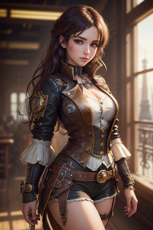 (masterpiece), best quality, expressive eyes, perfect face, (tavern background), (standing), (smirk), (closeup view), (1girl, vanessa alessia, dark skin, tanned skin, brown hair, wavy hairstyle, brown eyes, hourglass figure, thin body, skinny body, petite_body, medium breasts, thick thighs, long fingernails, white front lace blouse, long sleeve, loose fit, brown leather corset, brown leather shorts, brown boots, sheathed cutlass sword, flintlock pistol in holster, hoop earrings, miscellaneous jewelry),  big breasts, stripping, elegant makeup, exhibitionism, naked in public, , slim thighs, toned body, shiny skin, sexy pose,narrow hips, wearing high hip thong and see-through top, amber eyes, (((girl stripping on table))) 