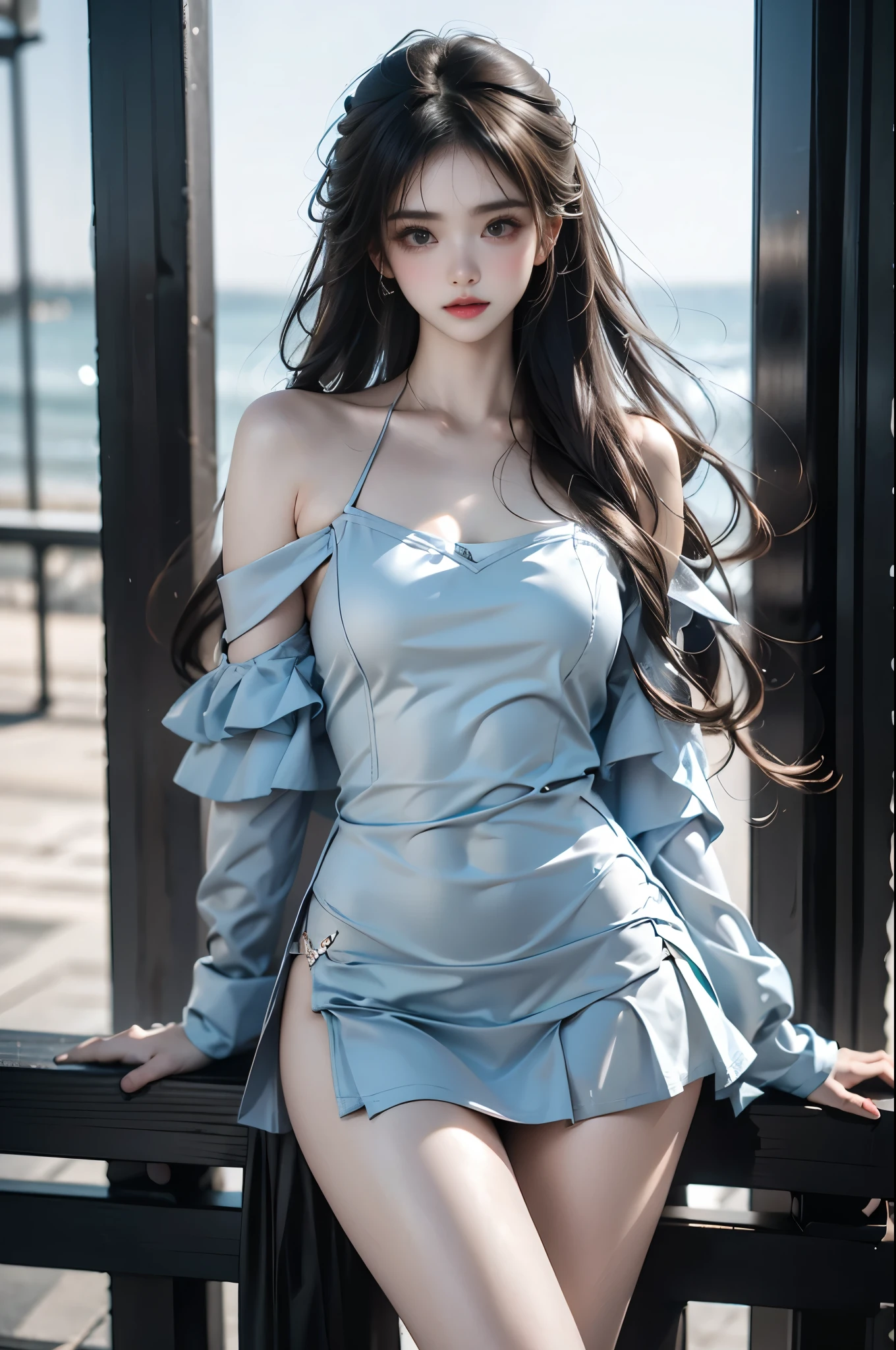jirai kei (3/4 shot:1.3), 1girl, (photorealistic:1.4), beautiful young woman, (Big bust, deep V-neck), (Very short hemline, revealing smooth thighs), elegant pose, slim figure, perfect body proportions, (long toned legs:1.3), crossed legs, sleek thighs, (hand playing with hair:1.2), (hand lifting dress hem:1.2), oceanfront, leaning against railing, azure sea, blue sky, white clouds, natural sunlight, soft shadows, professional lighting, sharp focus, 8k uhd, masterpiece quality, (anatomically correct:1.4), perfect anatomy, fashion photography, (high end fashion magazine style:1.2), professional model, flawless skin