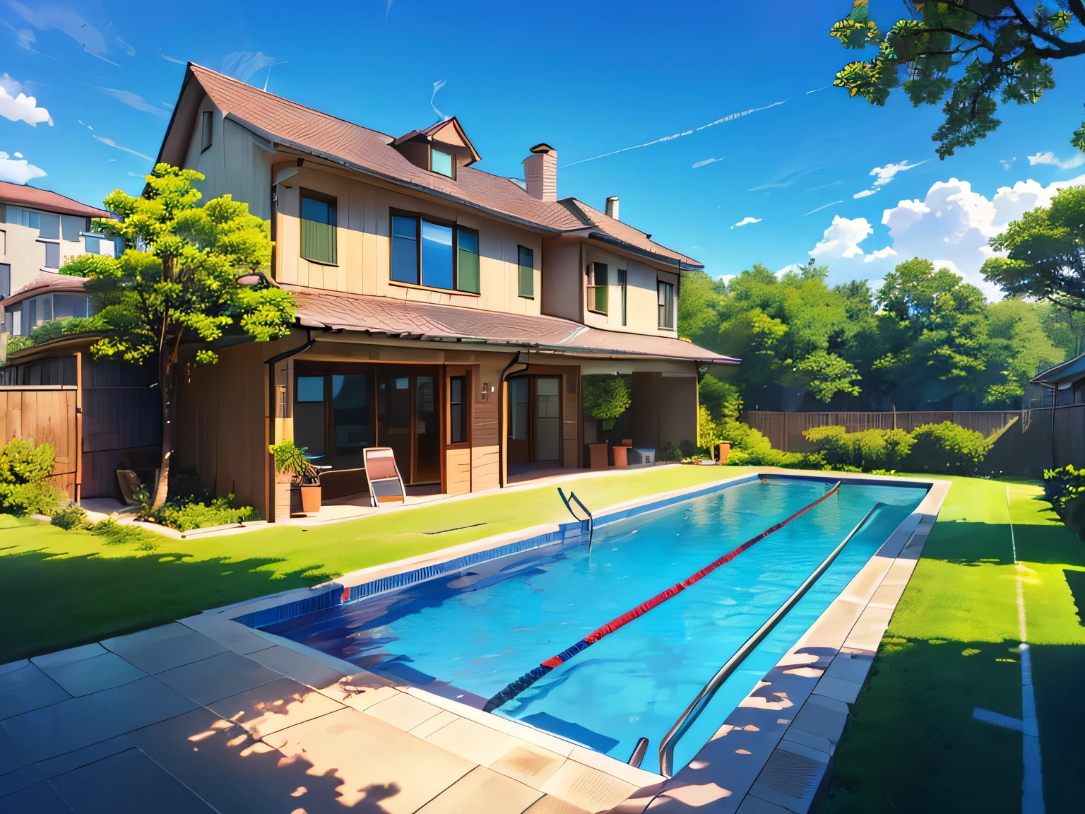 (((Imagine a large two-story house which is in a neighborhood full of trees and more houses with a track in the middle while in the back there is a large pool and almost outside a sports bike in a super cool color))).
((sunny)) (high quality) (nice view)