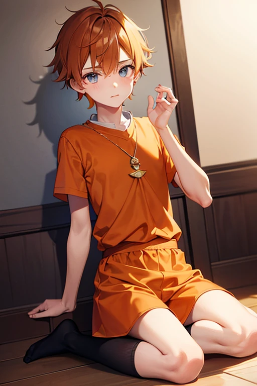 little boy, short blonde hair, high ponytail, Orange Eyes, Smile, Aristocrat's shirt, Shorts, Masterpiece, hiquality