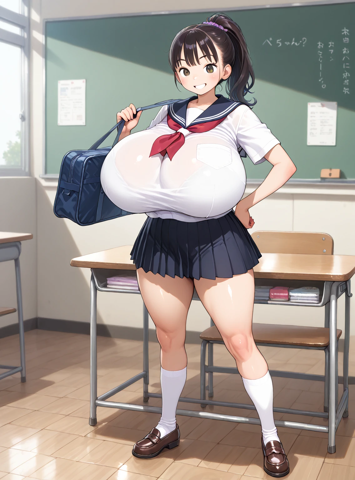 (masterpiece), (highest quality), (High resolution,High resolution), (Rebis style), (Character - Kaoruko Sazaki), Brown Hair,Twin tails, Erotic,((Sexy bimbo body)),Perfect Breasts,(huge breasts:1.5),sexy,(Perfect body line),Narrow waist,{Dark Skin:1.5}. Costume change,(((Sexy school uniform))),{Character status screen}, (perfect full body).