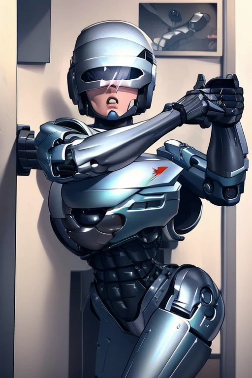 Female RoboCop, beautiful body, big breasts and butt, cornered against a wall, hands raised in surrender, frightened expression